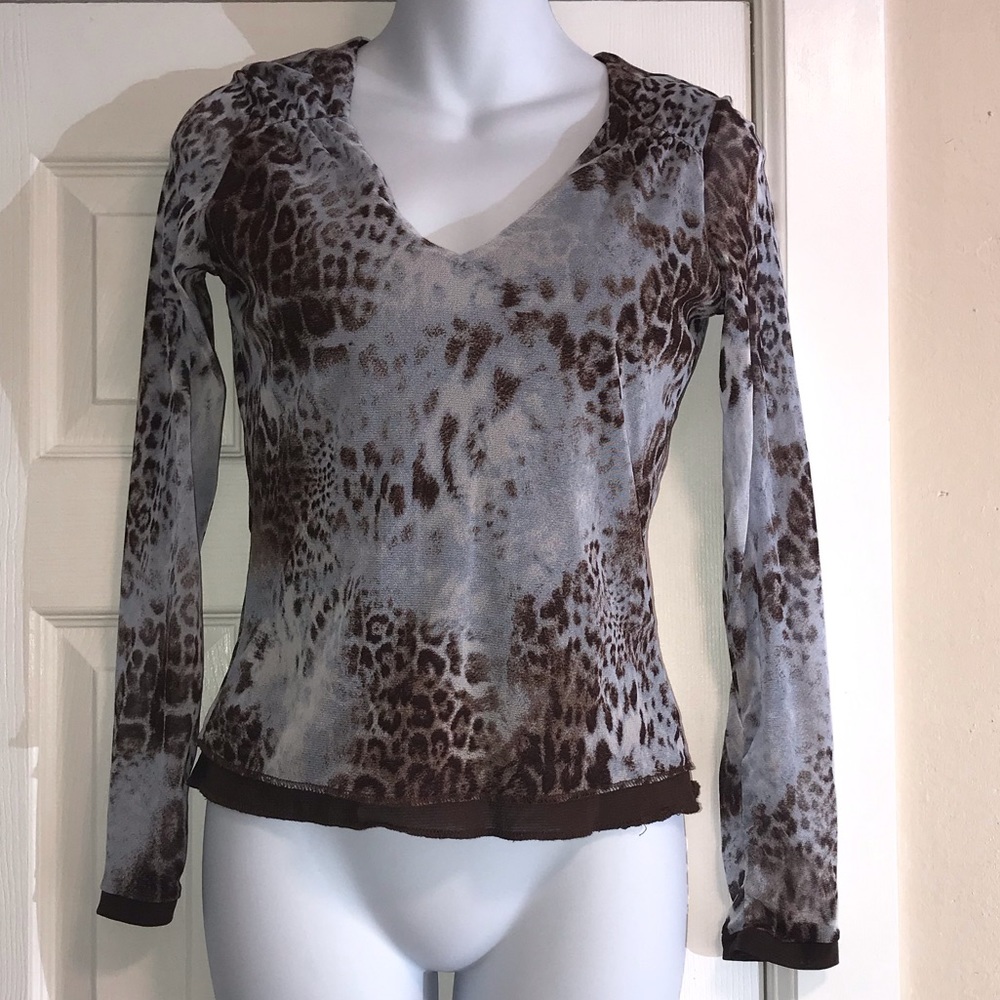 EUC Votre Nom SHEER Stretch Cheetah LS Blouse-Sm